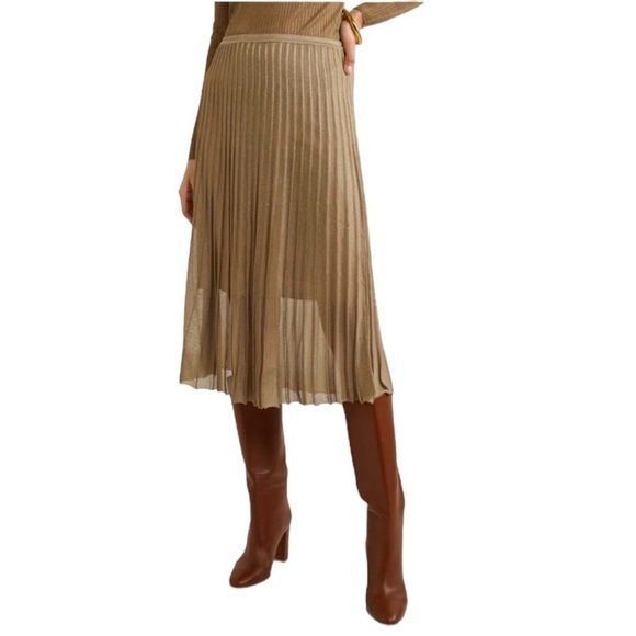 VINCE Pleated Gold Bronze Metallic Crochet Knit Midi Skirt Lined Size M - Picture 3 of 16